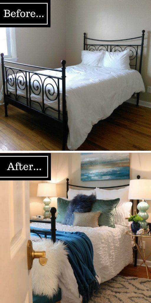 A before and after of a bed with old and new bedding.