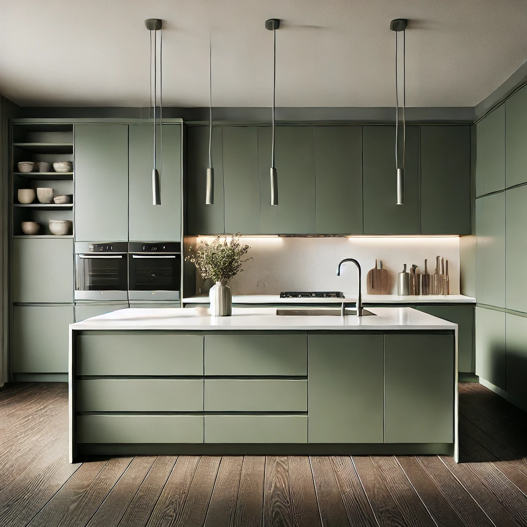 Modern kitchen with olive green cabinets.