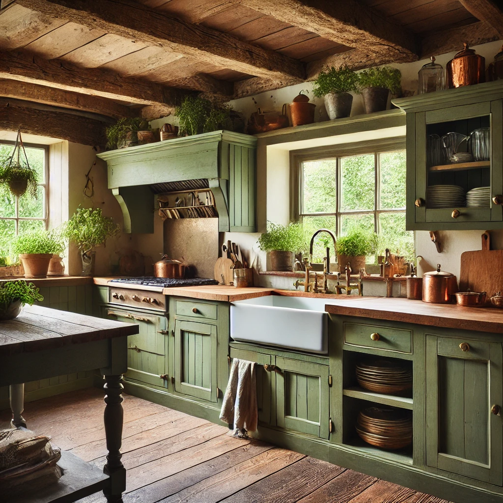 Wood and olive green kitchen.