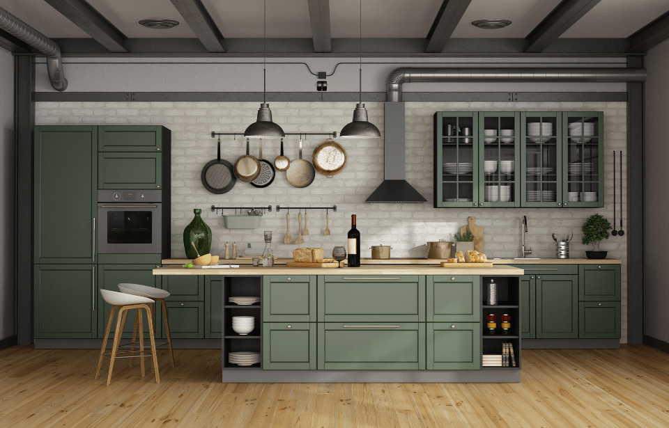 Olive green kitchen with cabinets in matching color.