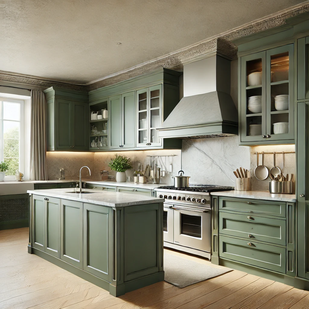 Modern kitchen with olive green painted cabinets.