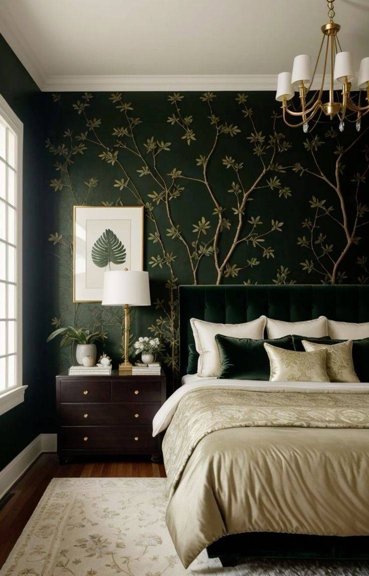 A bedroom with floral wallpaper.