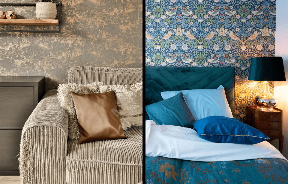 Two photos side-by-side, one of a couch with wallpaper behind it, the other of a bed with wallpaper behind it.