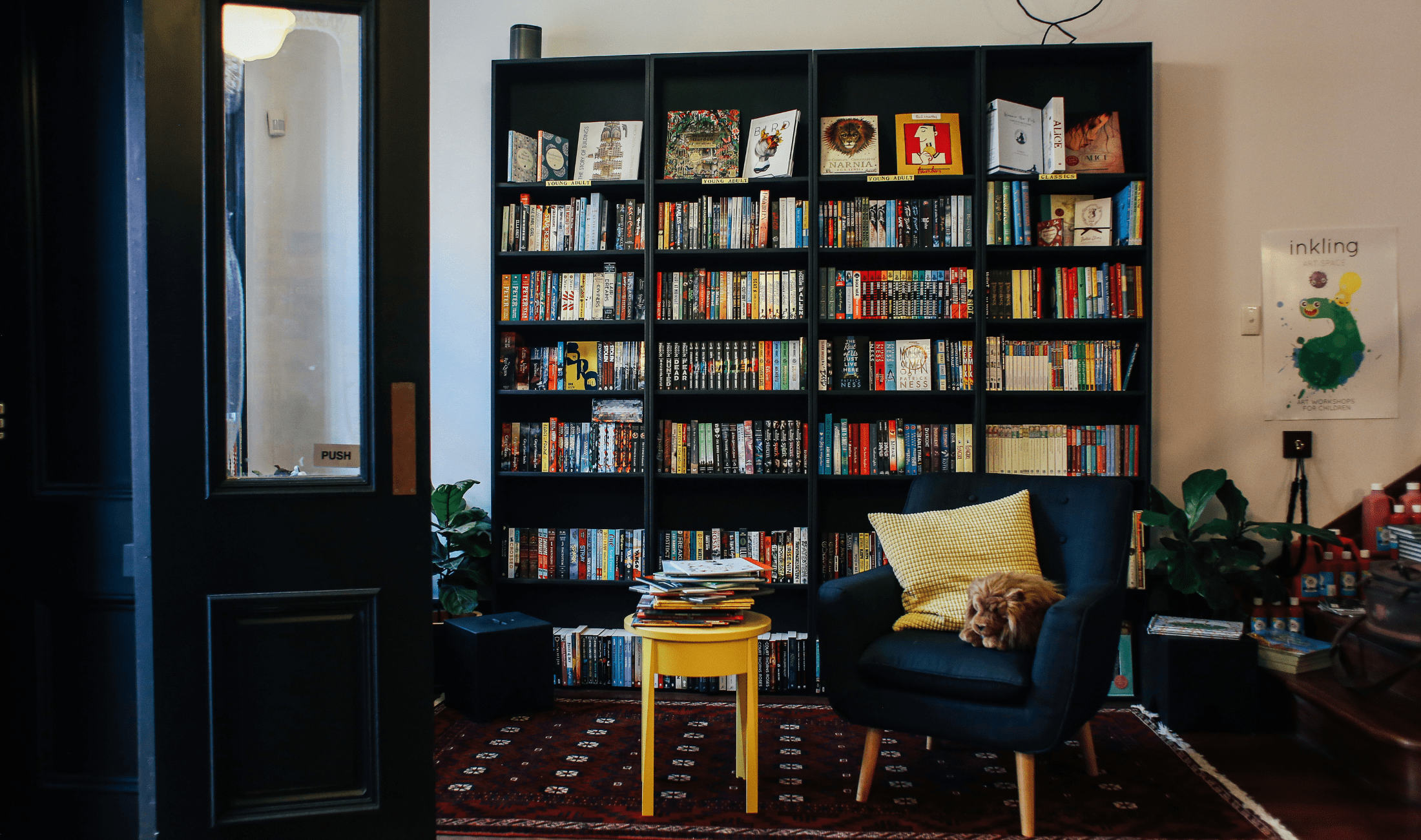 A large black bookshelf organized well in a living room.