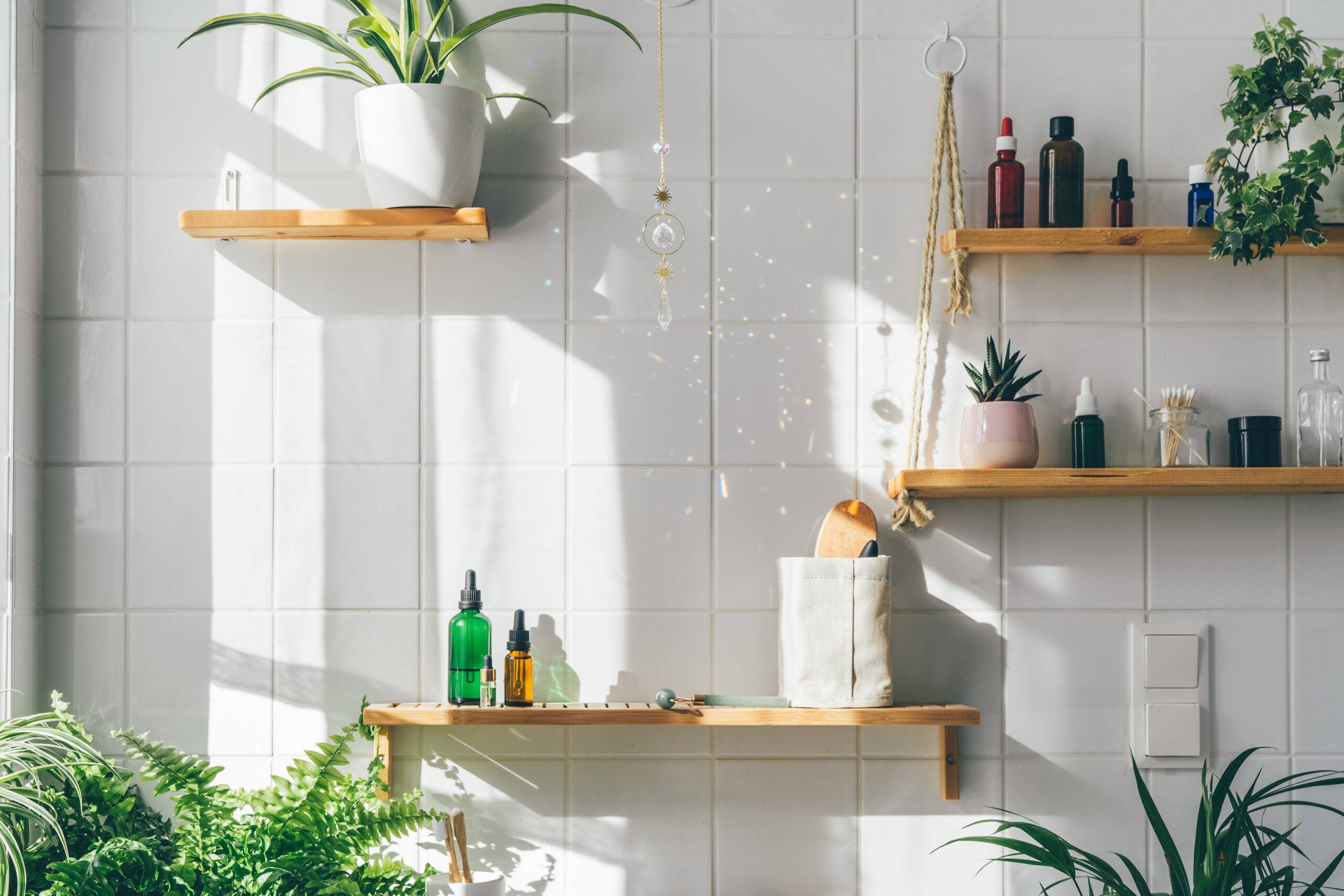 Biophilic desing in modern white bathroom with many green plants. Urban jungle. Natural materials, bamboo, wooden shalves. Shadows from sun light. Wellness and well-being