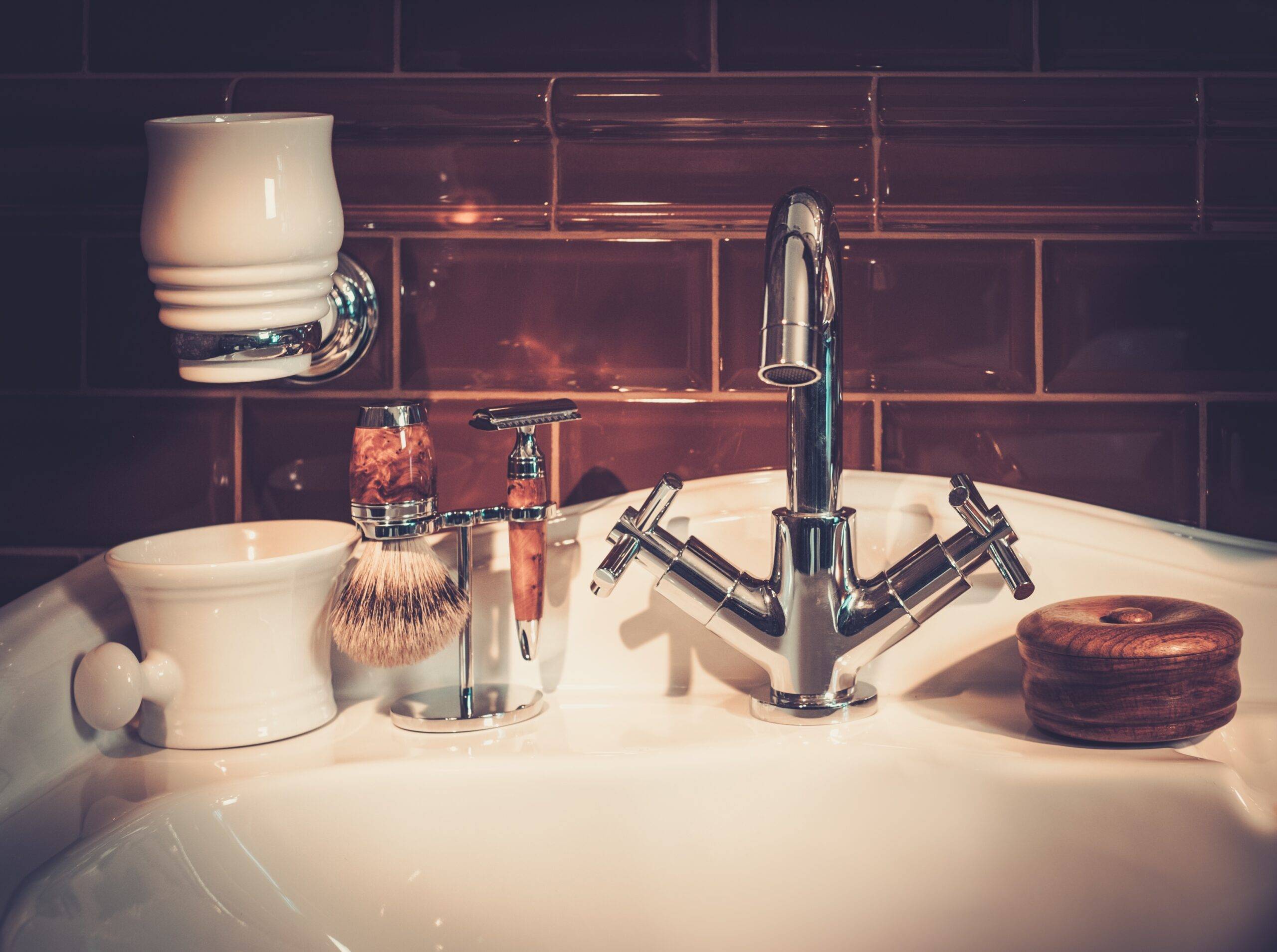 Gentleman's accessories in a luxury bathroom interior.