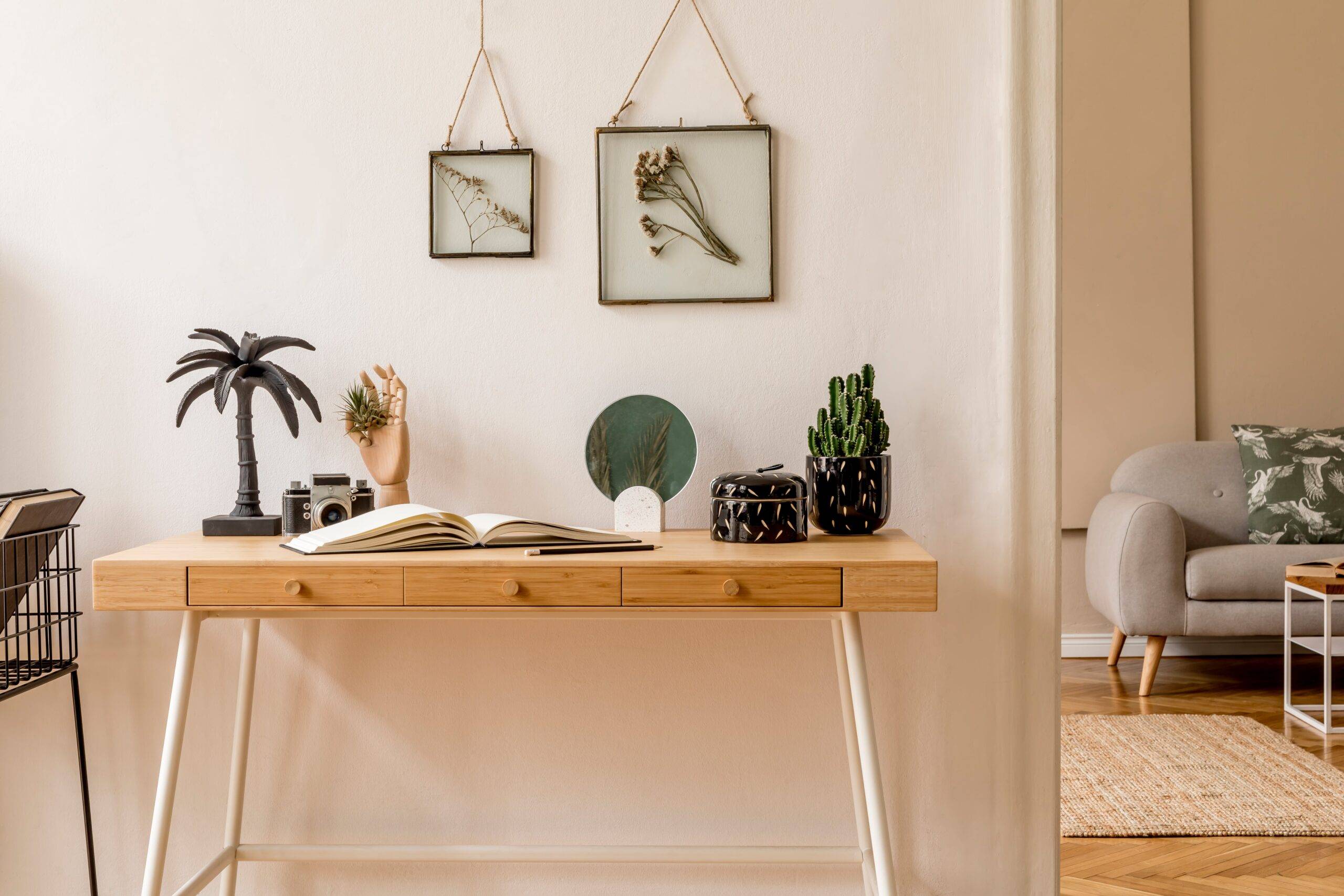 A narrow work desk in a hallway.