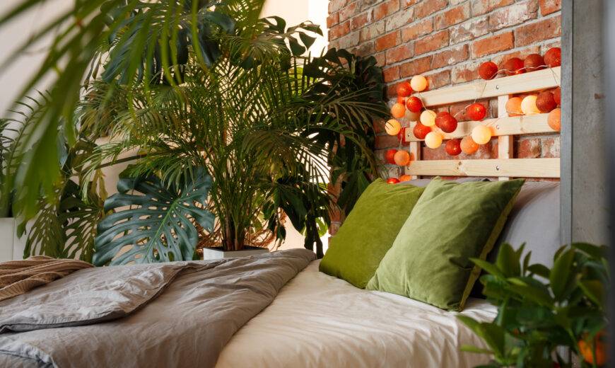 A photo of the back half of a bed surrounded by large, leafy plants.