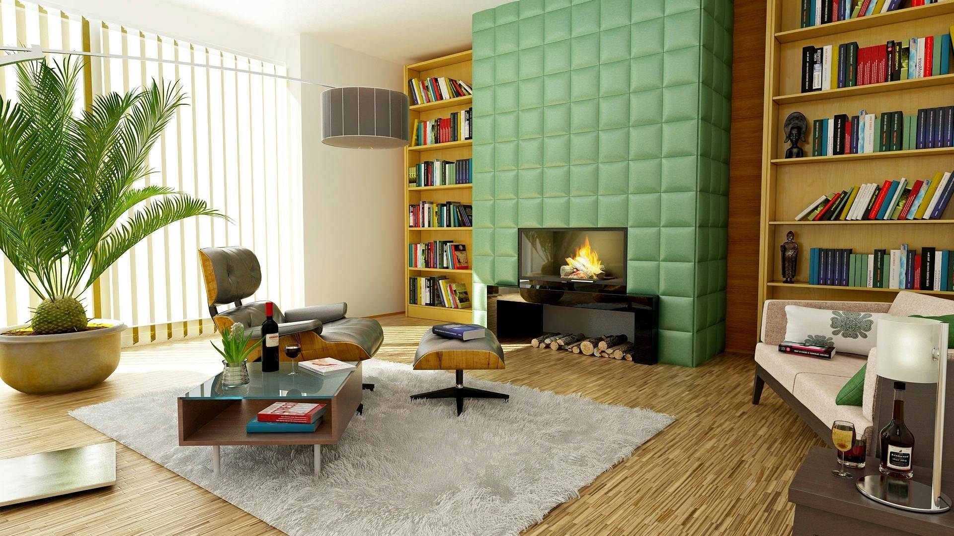 A modern, but quirky living room with a central armchair instead of a couch and mint green tiling on the wall.