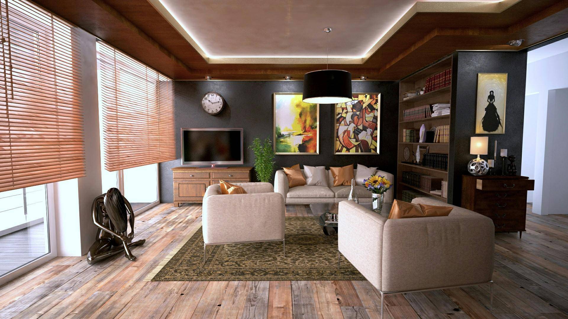 A large living room with big windows and dark walls, decorated sophisticatedly.