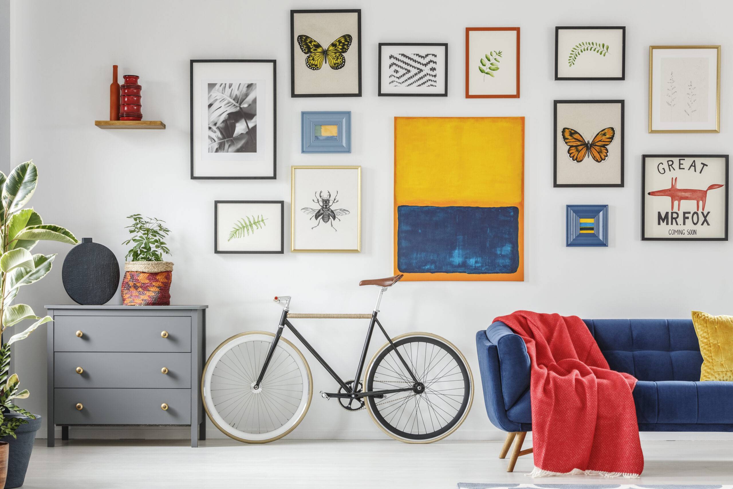 Red blanket on blue sofa next to bike in modern living room interior with posters.