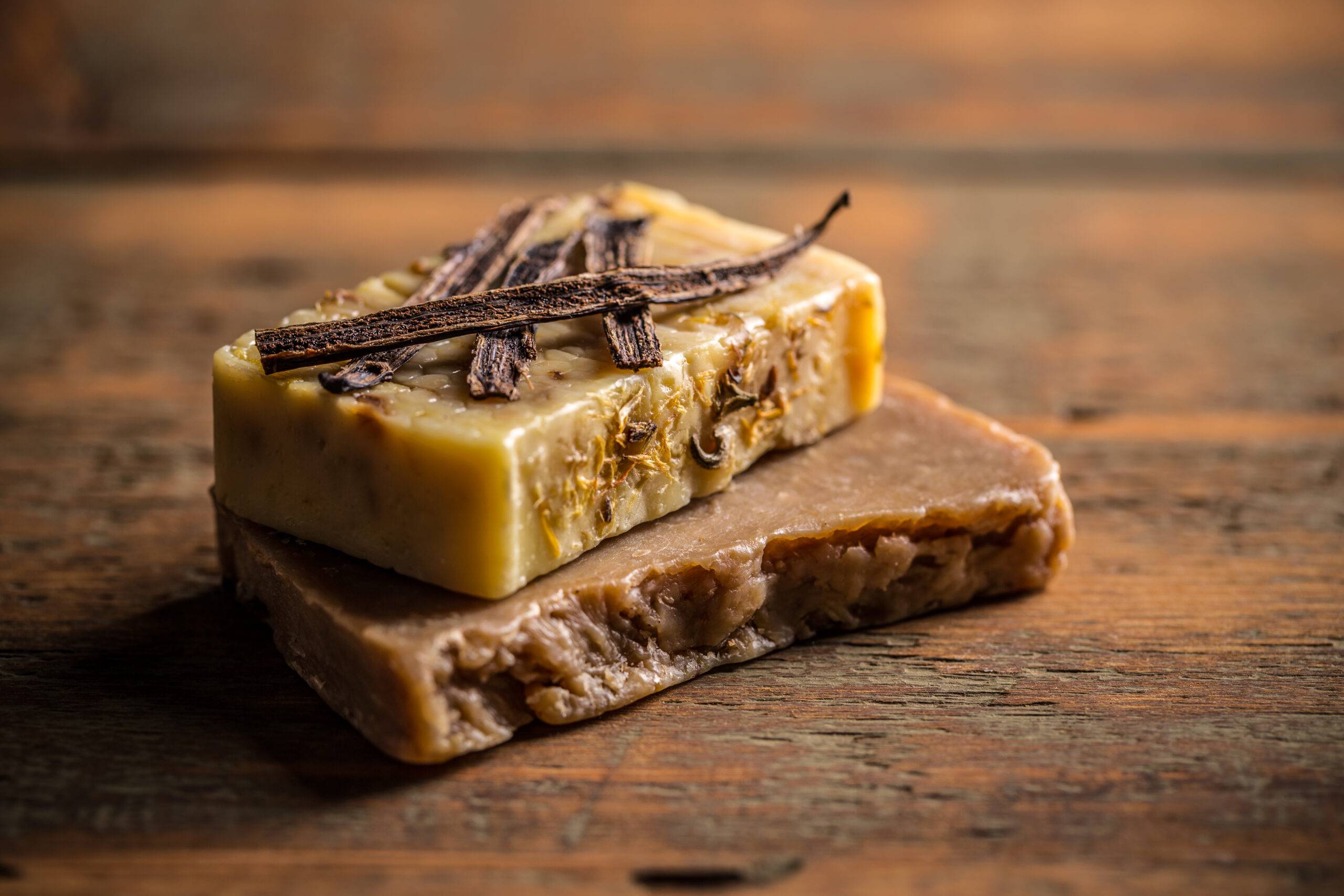 Vanilla handmade soap on vintage wooden background