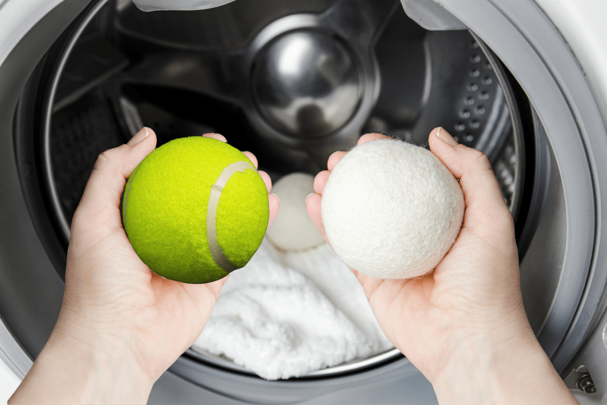 An edited photo of someone holding a tennis ball in one hand and a dryer ball in the other in front of an open washing machine.