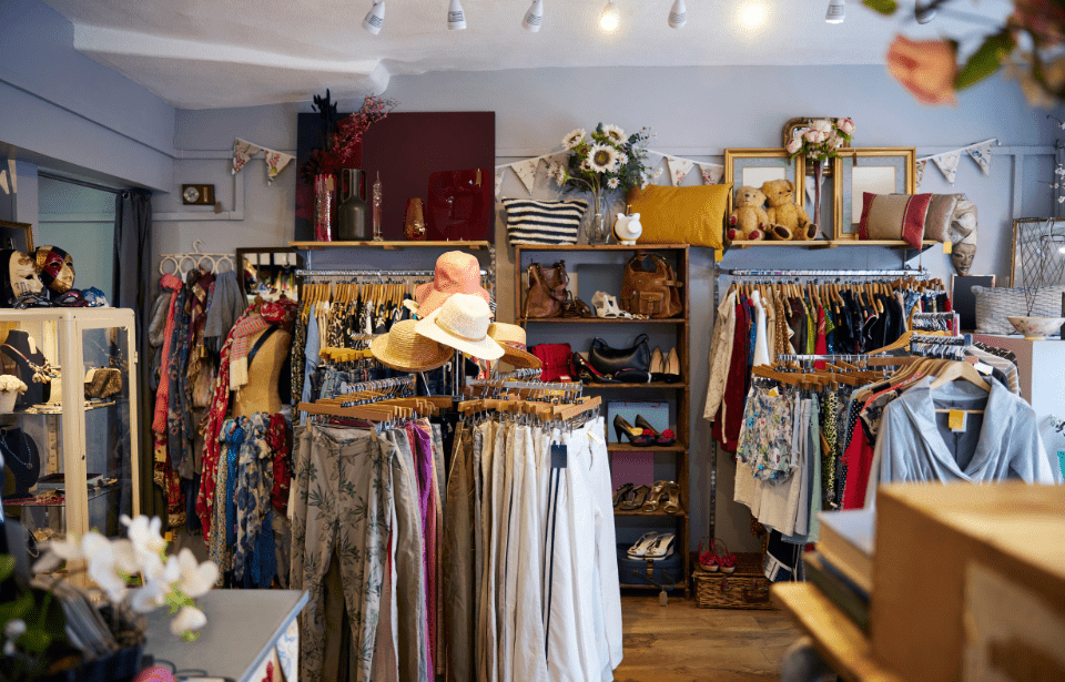 A photo of a thrift store and all its racks.