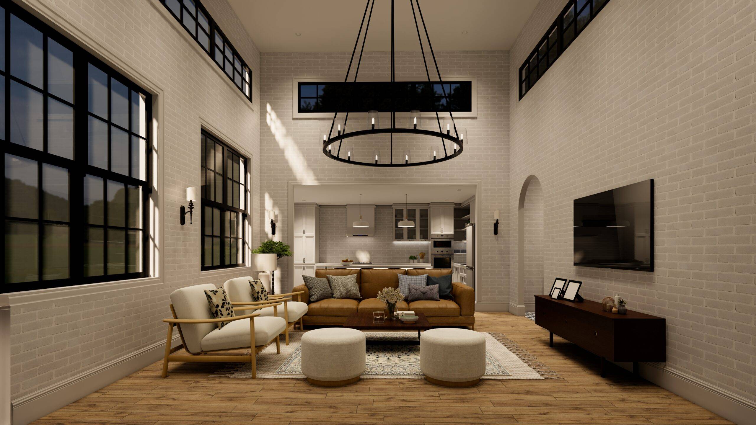 A large, open concept living room with high ceilings.