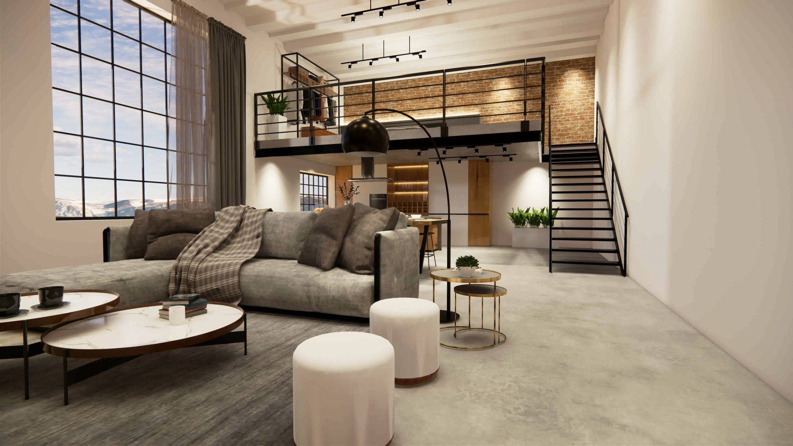 Open concept living room in a loft apartment.