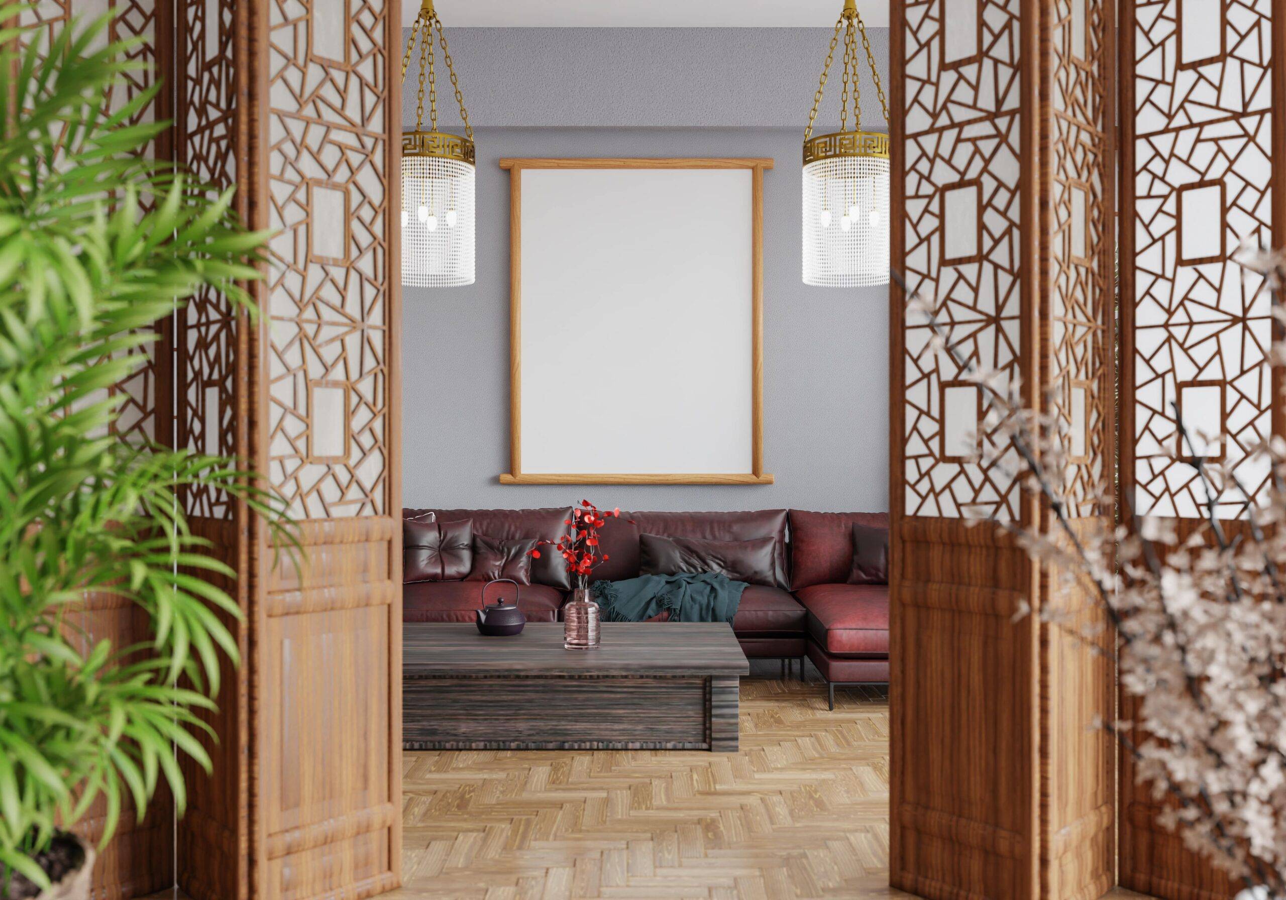 An entryway into a living room with beautiful wooden room dividers on each side.