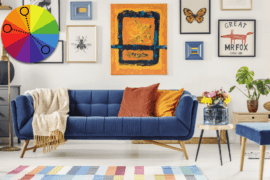 A living room done up in blue and shades of orange. In the top left, there's a color wheel graphic showing a split-complementary color palette color palette.