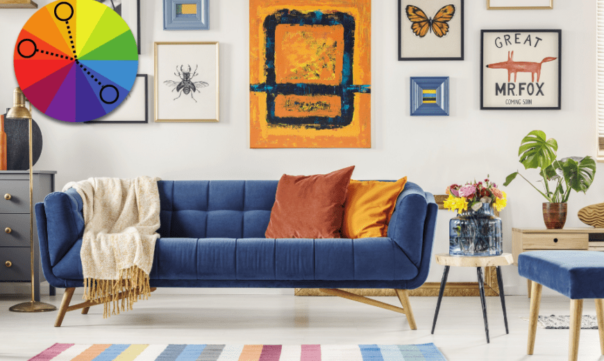 A living room done up in blue and shades of orange. In the top left, there's a color wheel graphic showing a split-complementary color palette color palette.