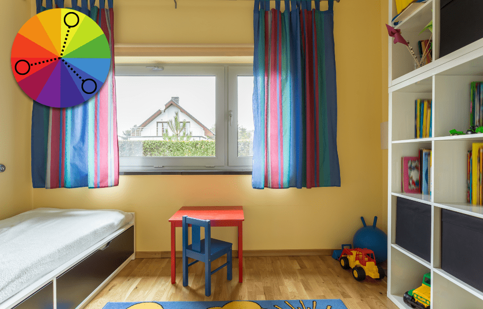 A children's play room done up in primary colors. In the top left, there's a color wheel graphic showing a triadic color palette.