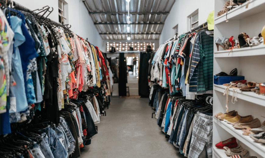A photo of a long thrift store with clothing racks on either wall.