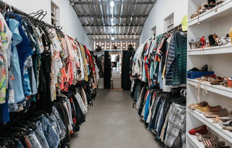 A photo of a long thrift store with clothing racks on either wall.