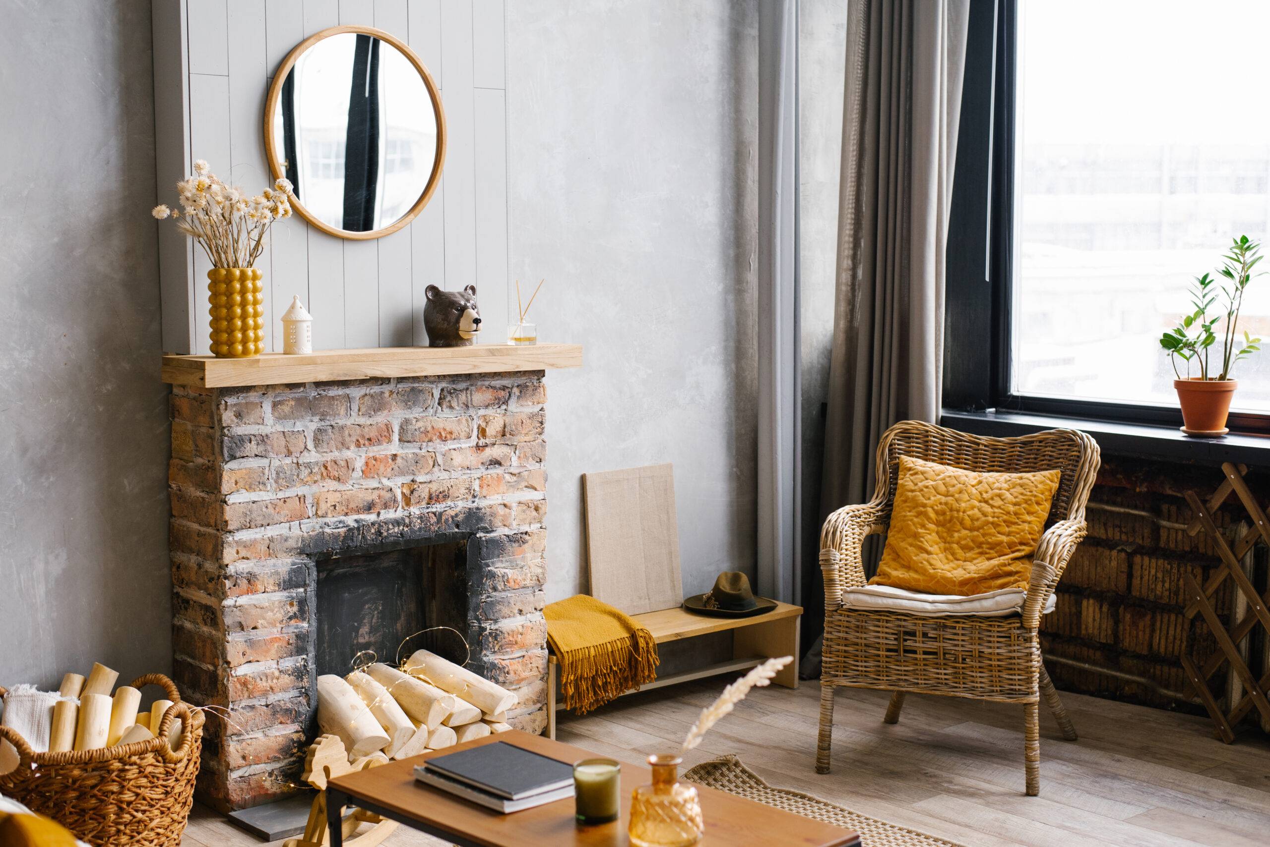 Cozy interior of the living room rattan chair and Fireplace. Rustic design of the House for a Warm Interior Space of an Alpine Holiday. Modern decor of the living room of the house. Scandinavian style.