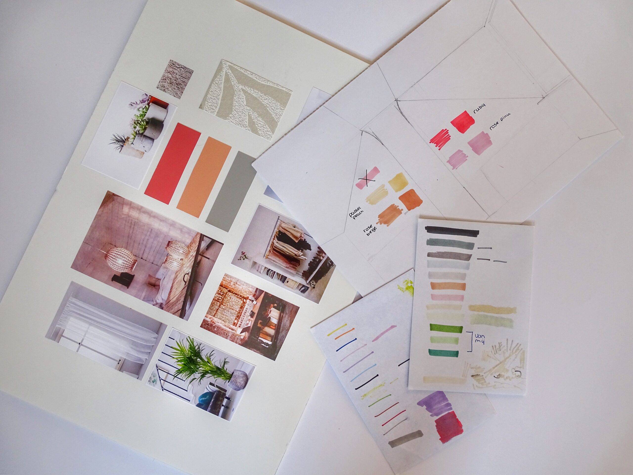 A laid out mood board for a room design.