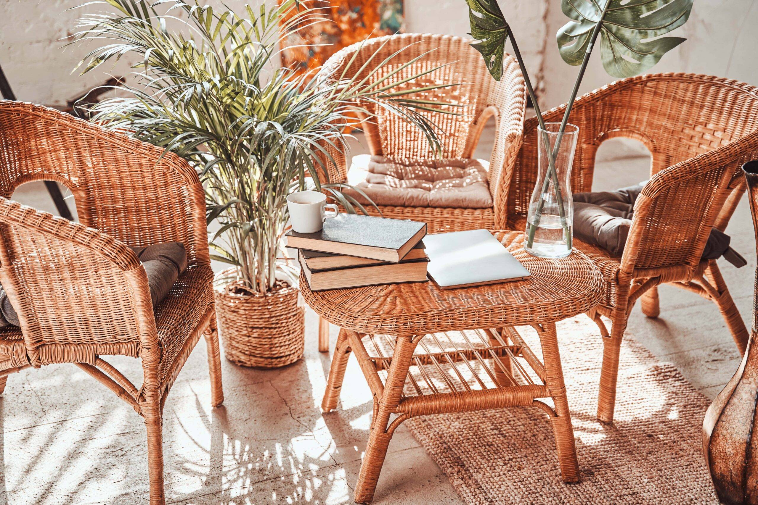 A set of 3 rattan chairs and a small coffee table in the middle.