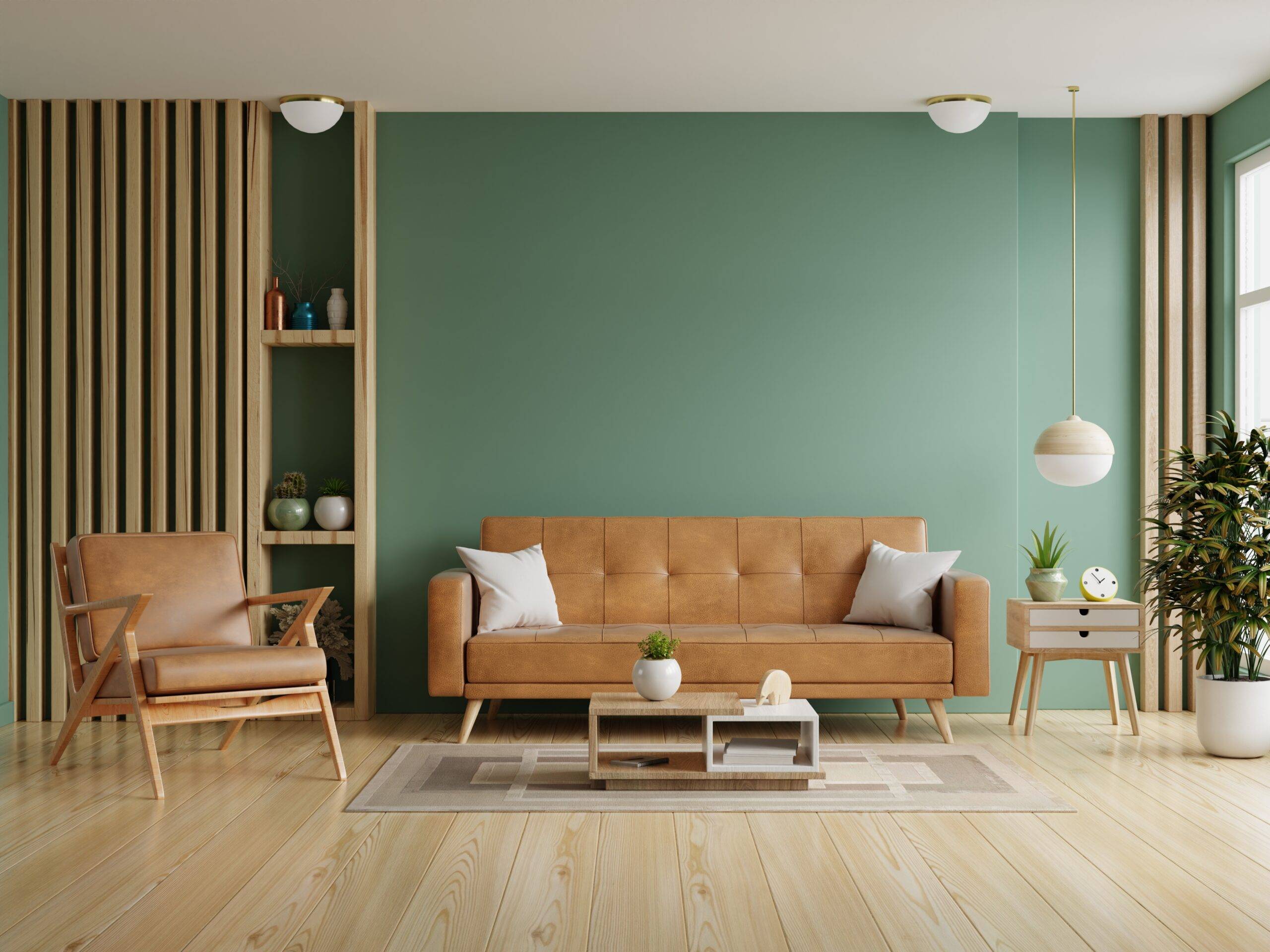 A living room with a green accent wall and brown couch.