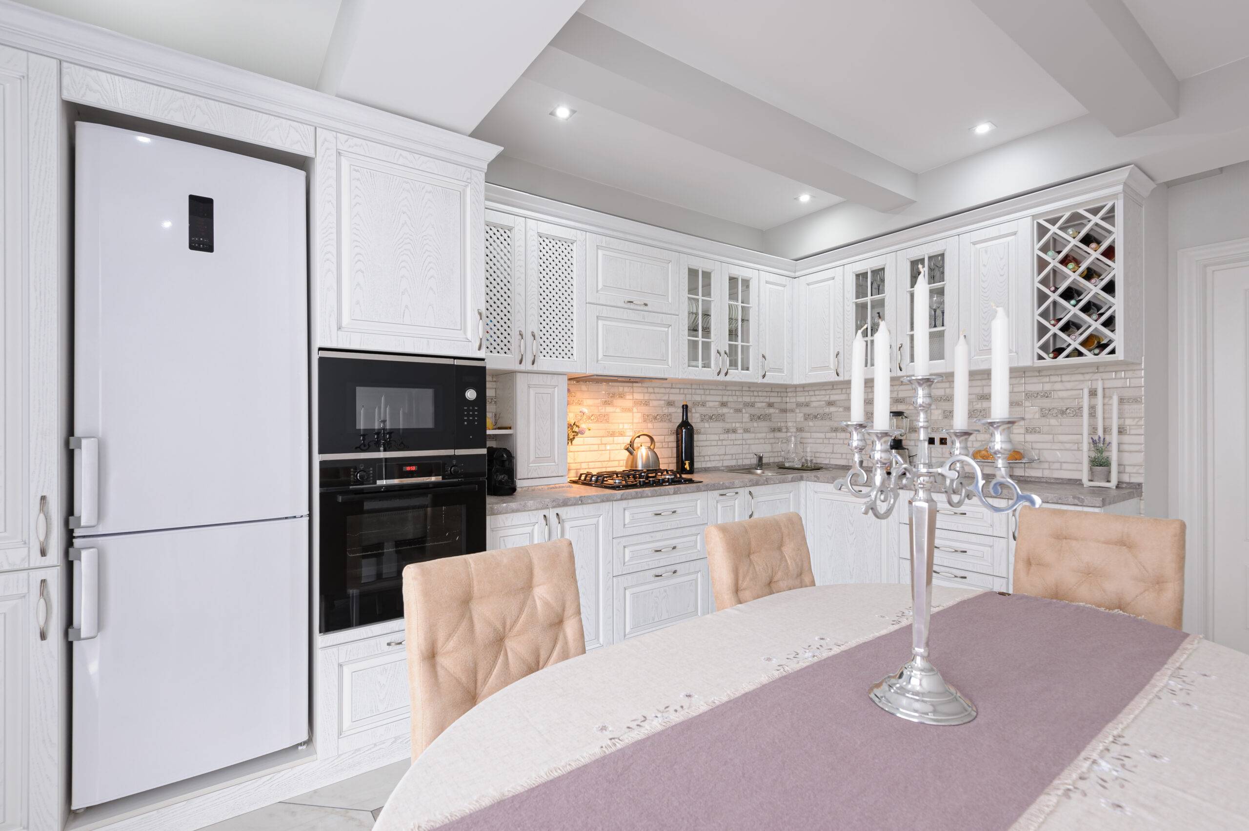 interior of modern white wooden kitchen in luxury home