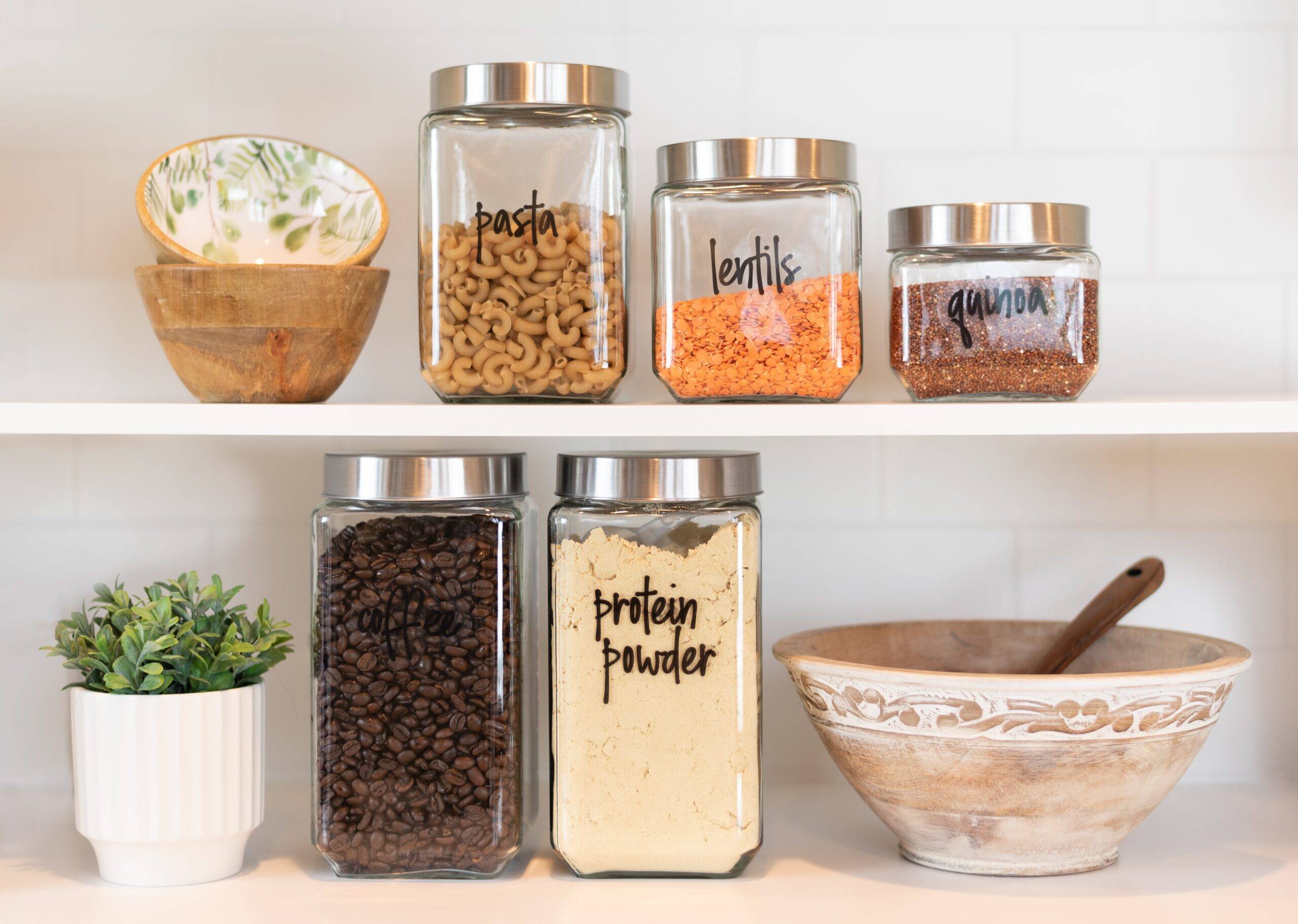 Neatly labeled food ingredients on the kitchen shelf