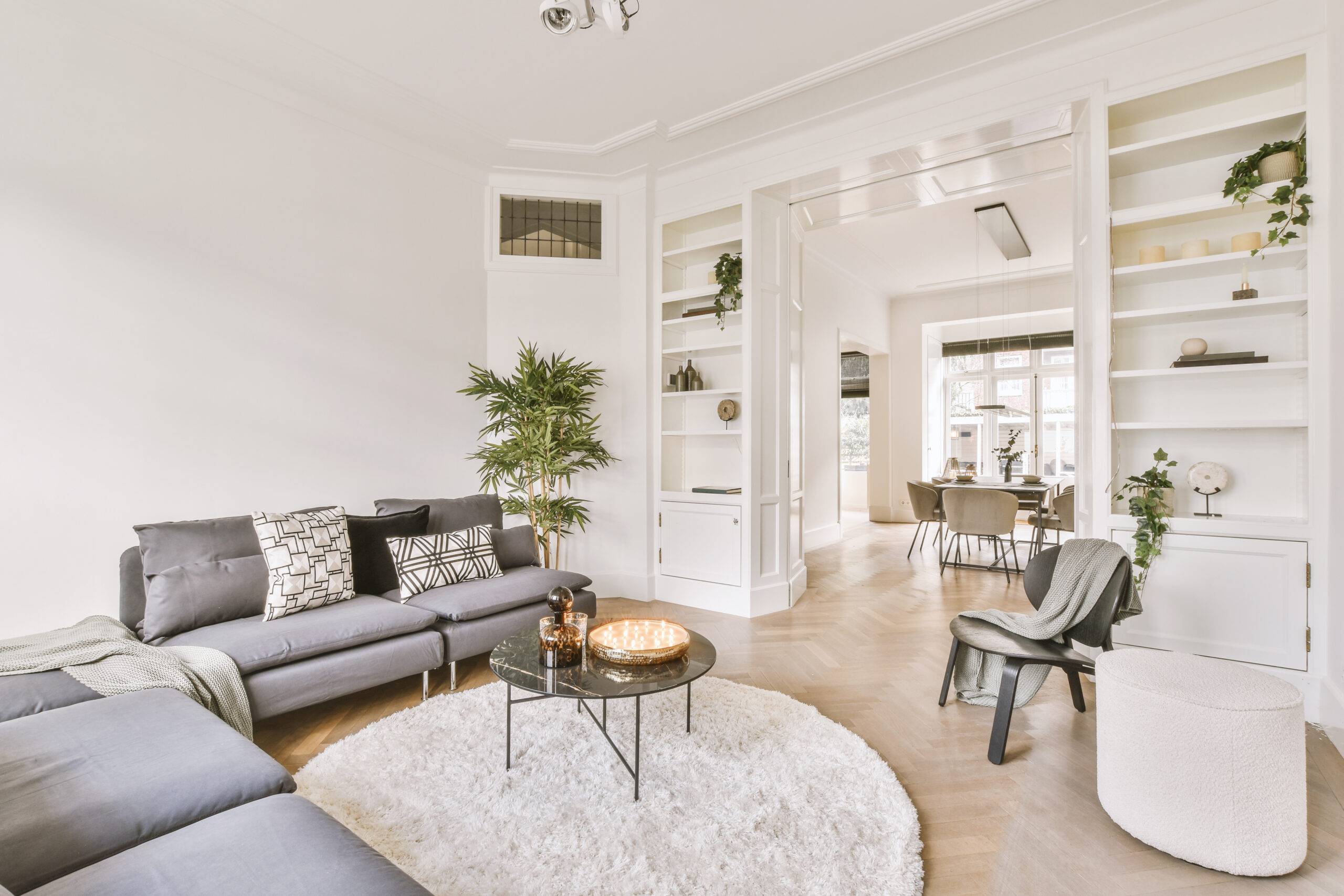 Spacious, bright living room with two small sofas and a round carpet on the floor