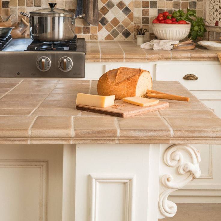 A close photo of a kitchen island with a tile countertop, a loaf of bread on a cutting board on top.