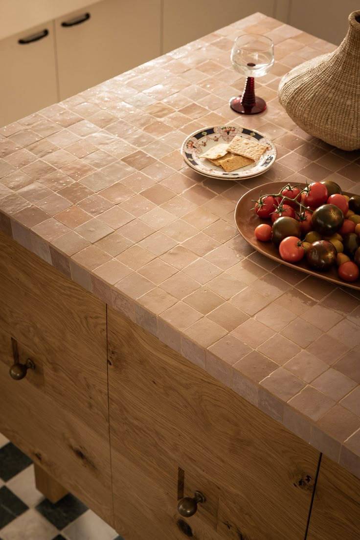 A kitchen island with a beige tile countertop.