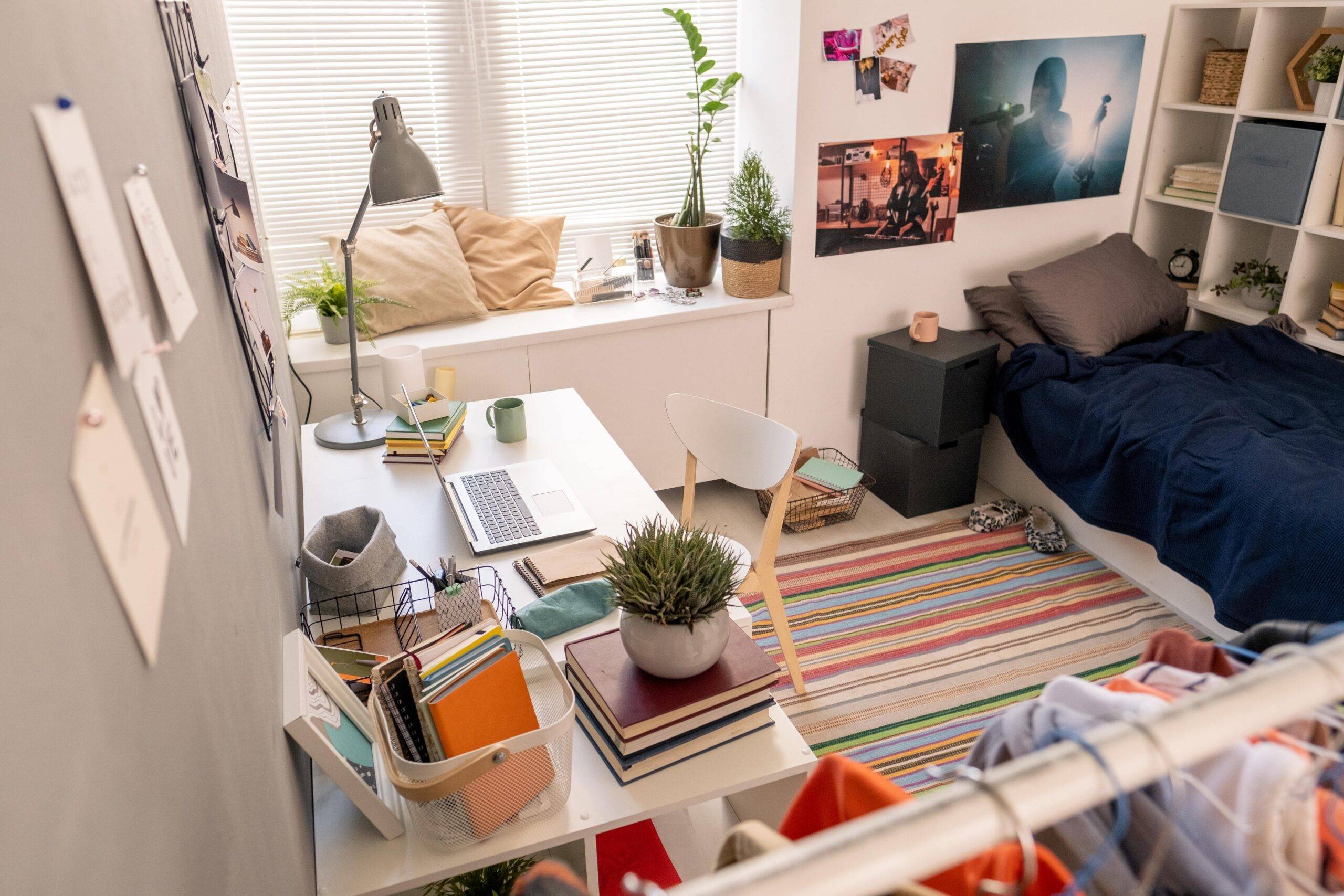 An aerial shot of a bedroom with lots of small decor and plants.