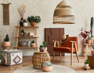 A room decorated in 70s, mid-century modern stylings.