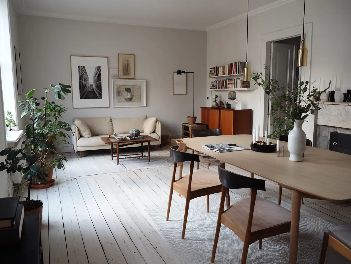 A shot of a Danish living room with a hygge aesthetic