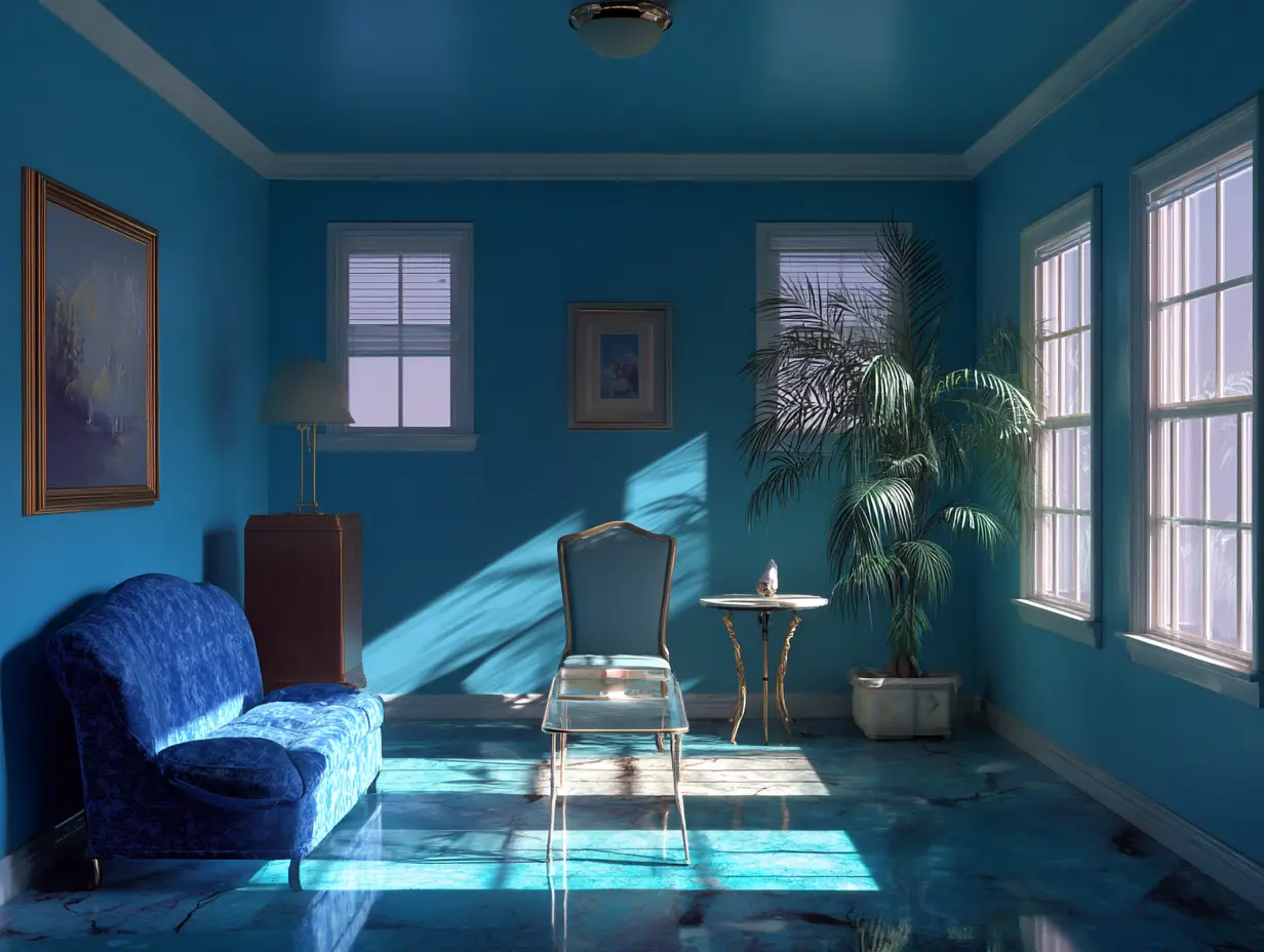 A room decorated according to a blue pallette.