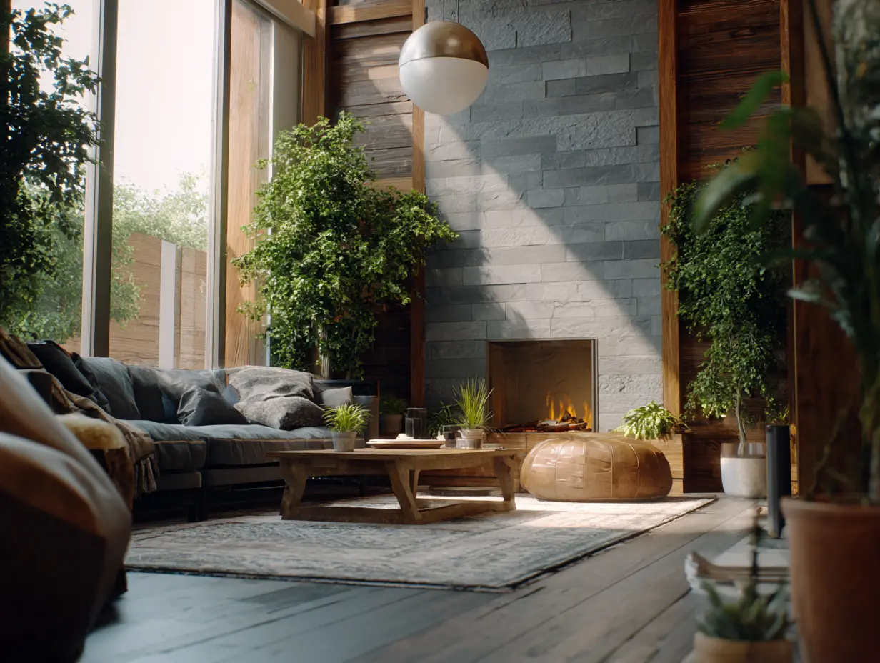 An image of a lavish apartment that follows a biophilic design.