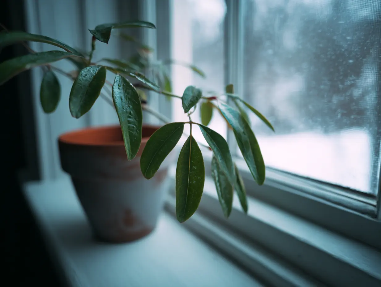 An image of a small plant in a small pot kept on a window sill during winter. It's snowing outside.