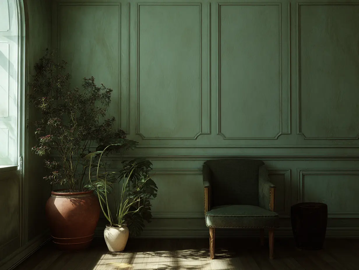 A room with muted green wall paint.