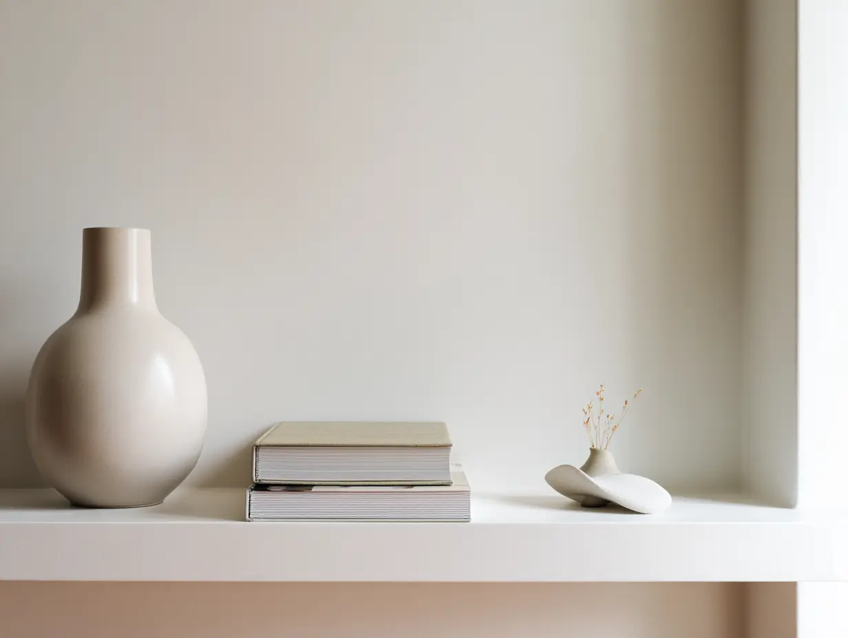 A serene, minimalist Scandinavian living room shelf, wide shot, heavy focus on negative space, only three high-quality objects: a single ceramic vase, one art book, and a small sculptural piece, soft natural light