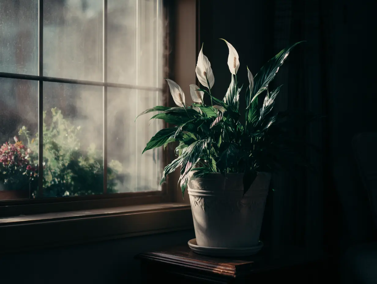 An image of a Peace Lotus plant in a white pot kept on a window sill during winter.