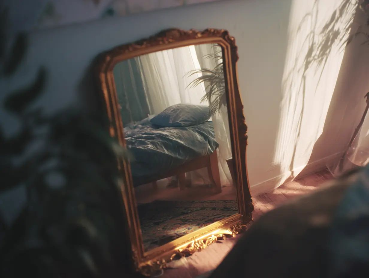 A shot of a mirror kept inside an apartment with a slightly biophilic design.