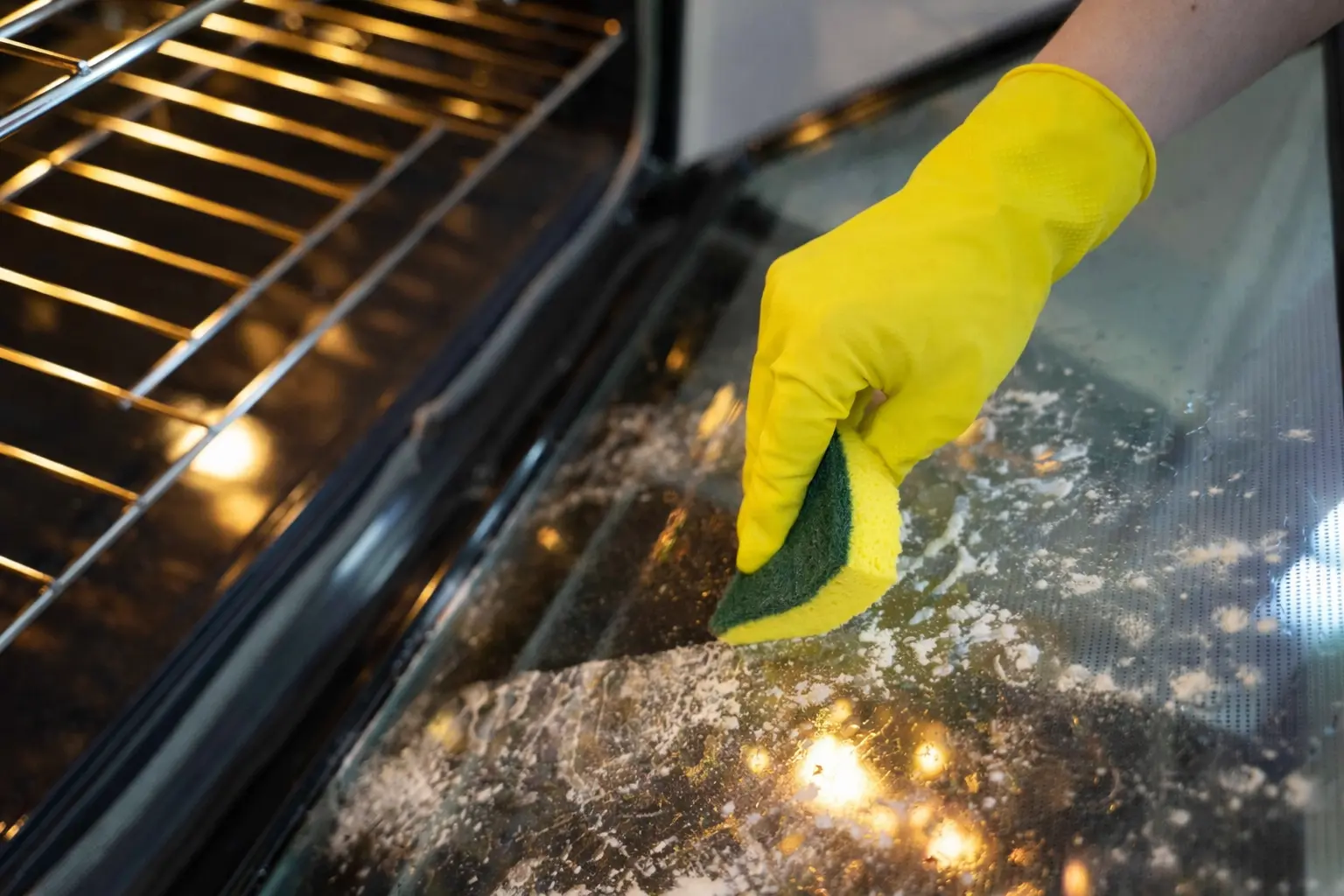 An image of a person cleaning the glass door of their oven with a sponge.