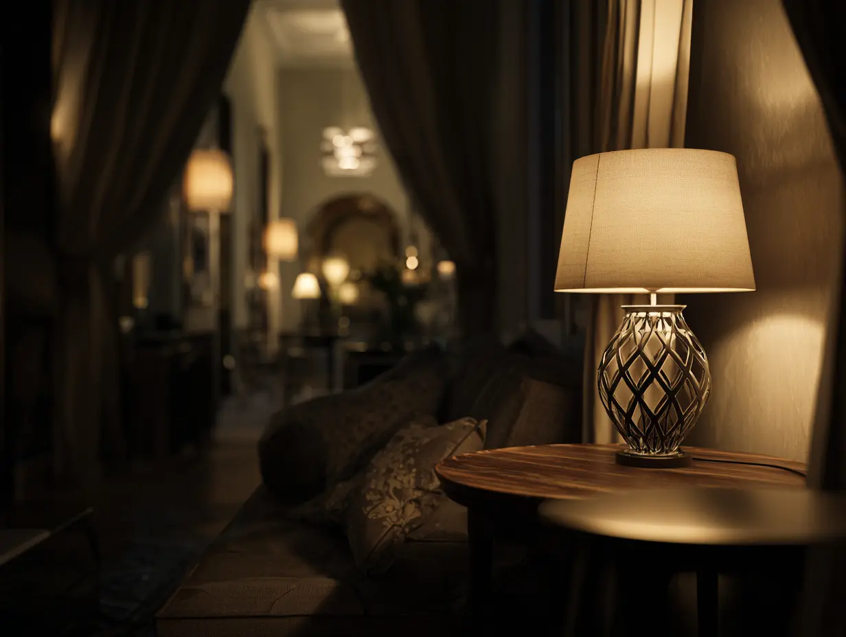 An evening view of a European-style living room, atmospheric layering, multiple small light sources, a warm-toned table lamp in a corner