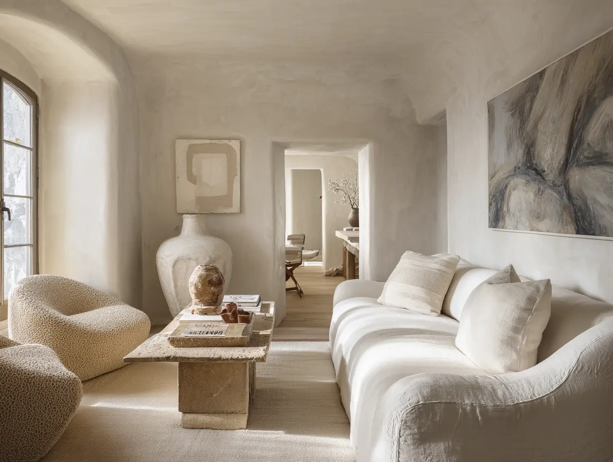 A white apartment room with Plaster walls, linen upholstery, brushed wood, natural stone, ceramic, and layered textiles.