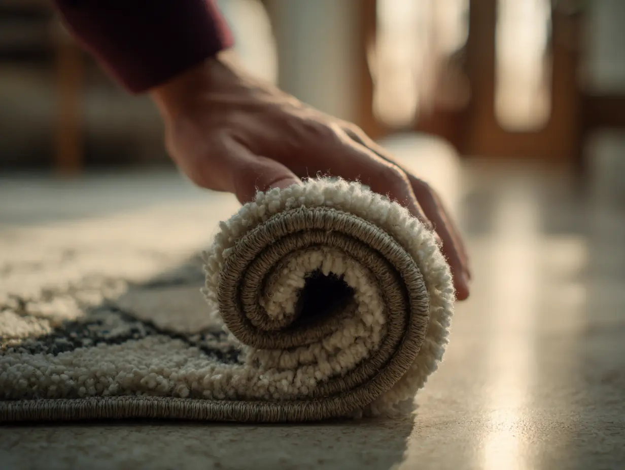 A closeup image of a person rolling up the rug they had in their living room during winter which they will now change out since it's spring.