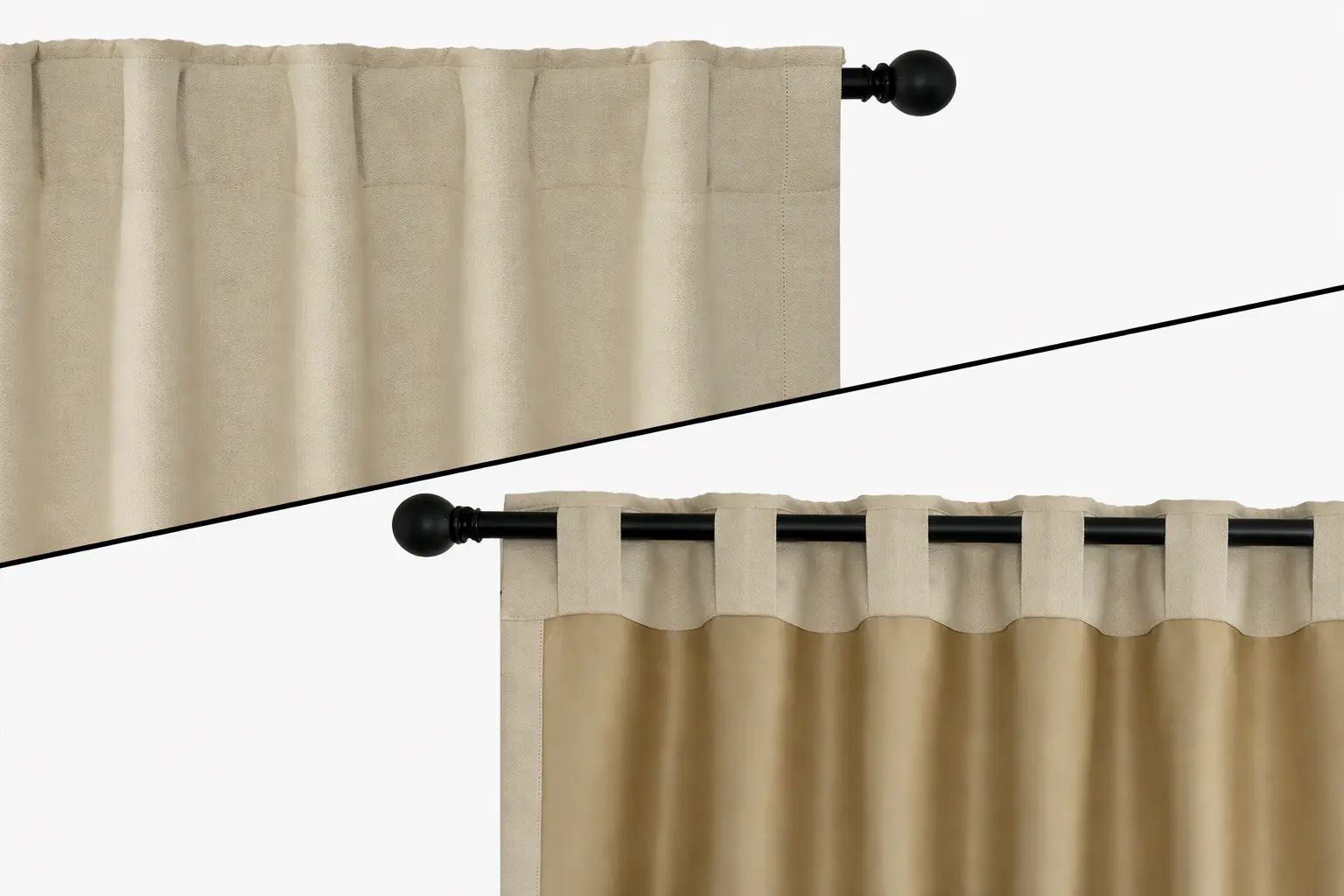 A split image of eyelet curtains and backloop curtains